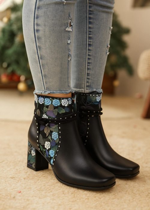 Soffia | Lost In Night Floral Leather Ankle Boots