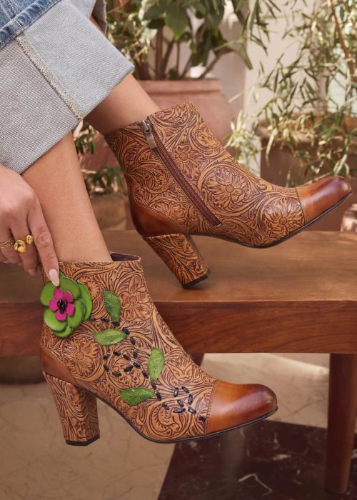 Soffia | Hibiscus Haze Paisley Floral Print Leather Ankle Boots
