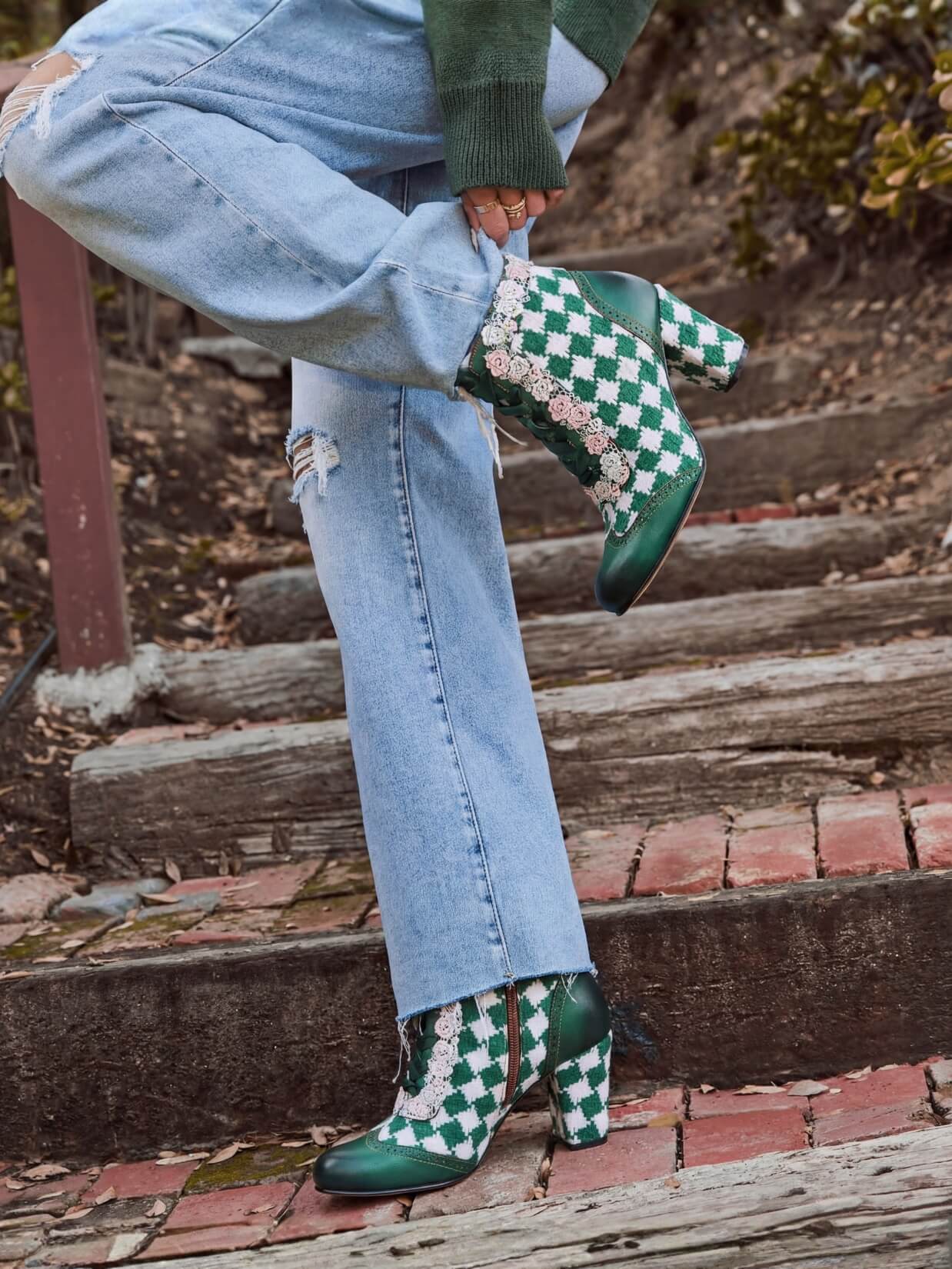 Soffia | Lovers Check Lace Trim Leather Oxford Booties