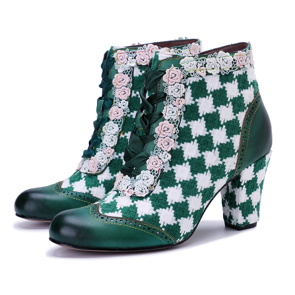 Soffia | Lovers Check Lace Trim Leather Oxford Booties - Image 3