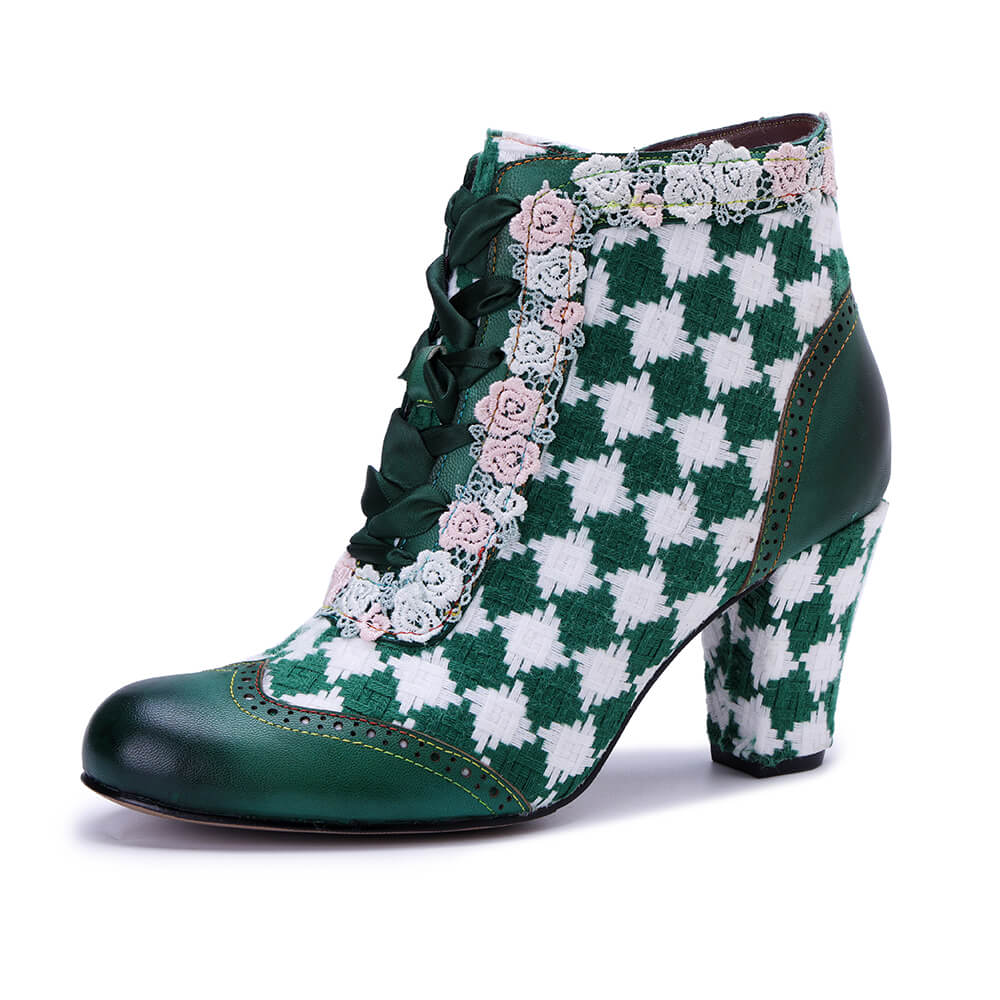 Soffia | Lovers Check Lace Trim Leather Oxford Booties - Image 4