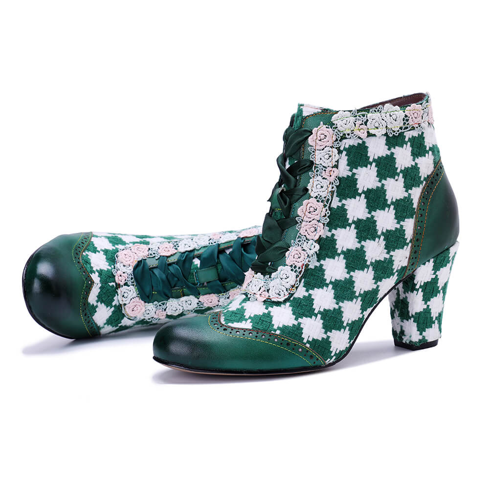 Soffia | Lovers Check Lace Trim Leather Oxford Booties - Image 5