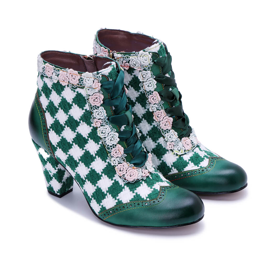 Soffia | Lovers Check Lace Trim Leather Oxford Booties - Image 6