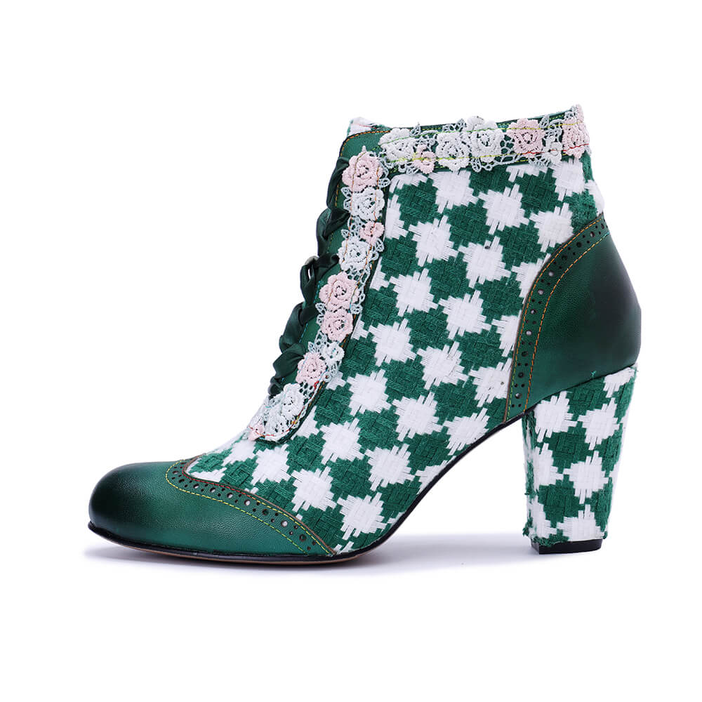 Soffia | Lovers Check Lace Trim Leather Oxford Booties - Image 8