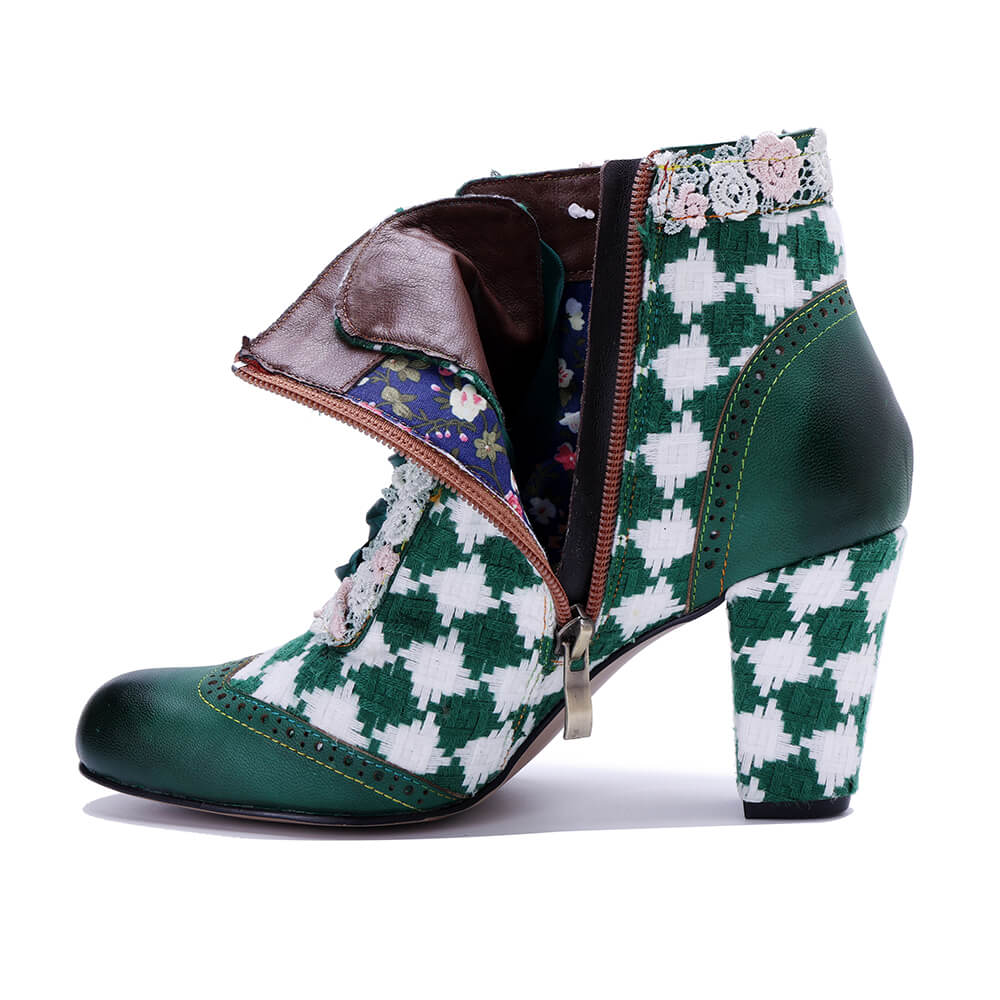 Soffia | Lovers Check Lace Trim Leather Oxford Booties - Image 9